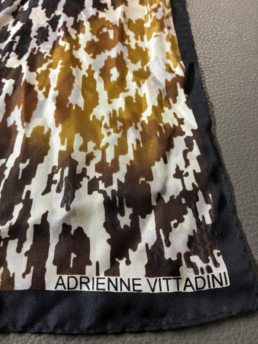 Adrienne Vittadini Silk Scarf | Brown Black Gold Ivory | 51 x 11 Inches